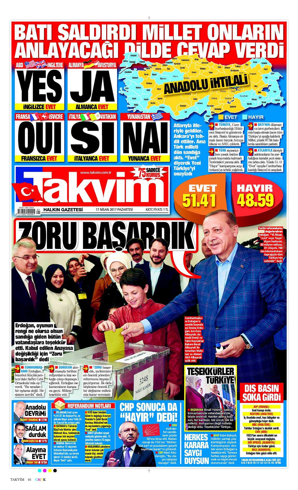 17 Nisan 2017 Pazartesi - Takvim gazetesi manşet