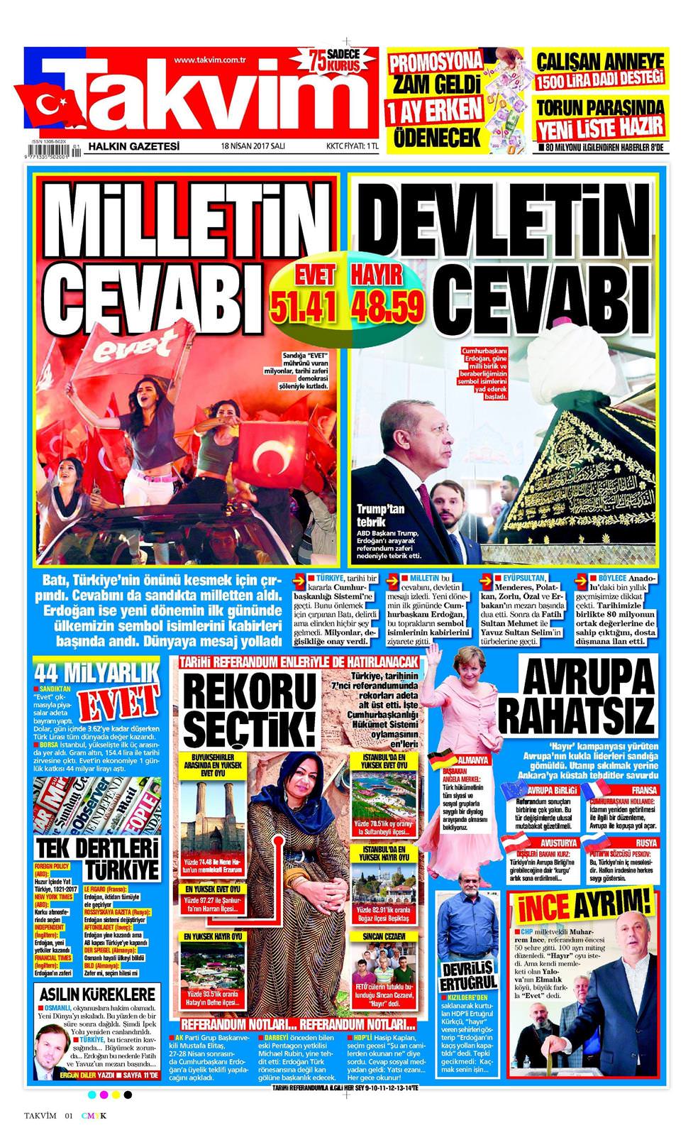 18 Nisan 2017 Salı - Takvim gazetesi manşet