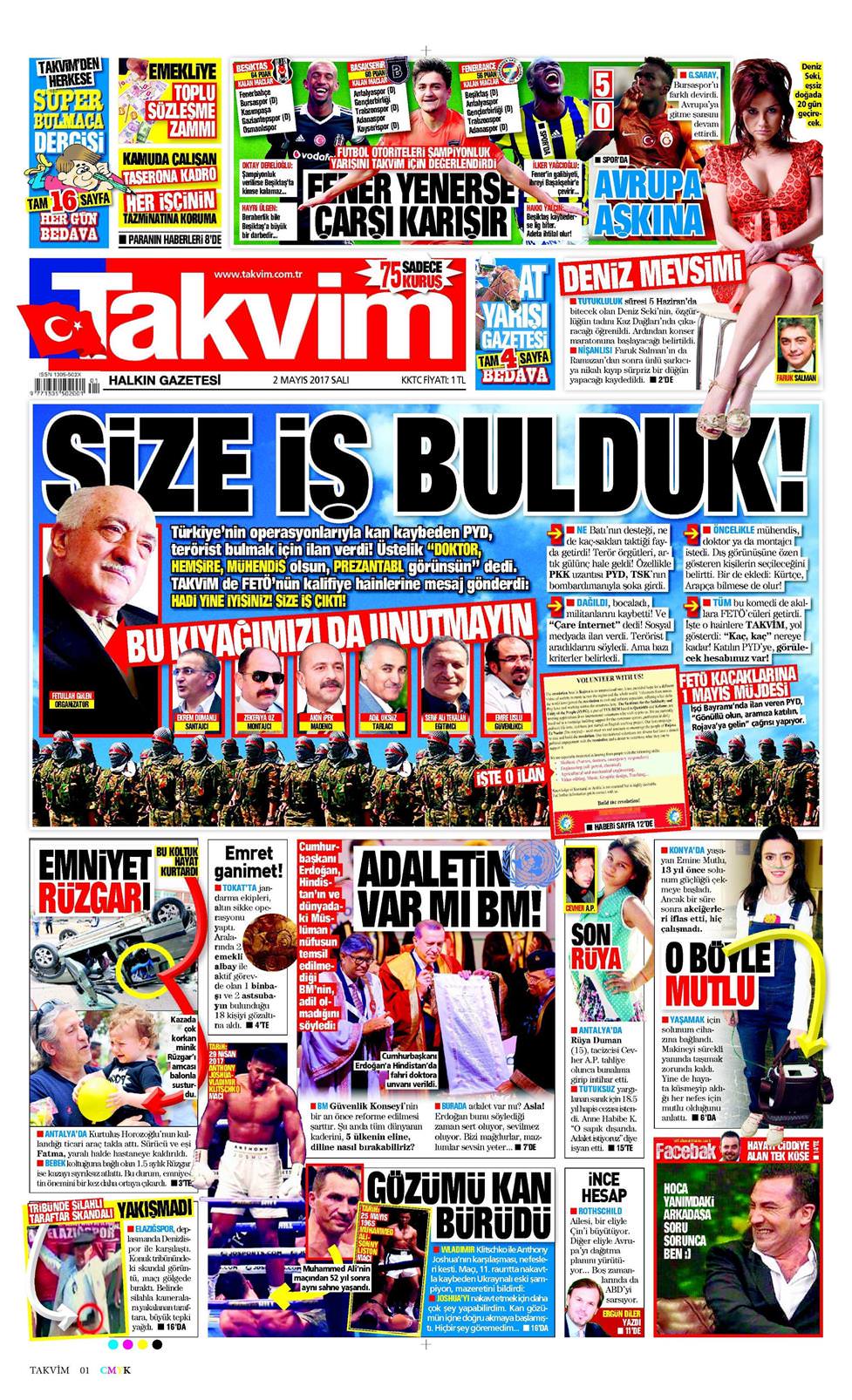 02 Mayıs 2017 Salı - Takvim gazetesi manşet