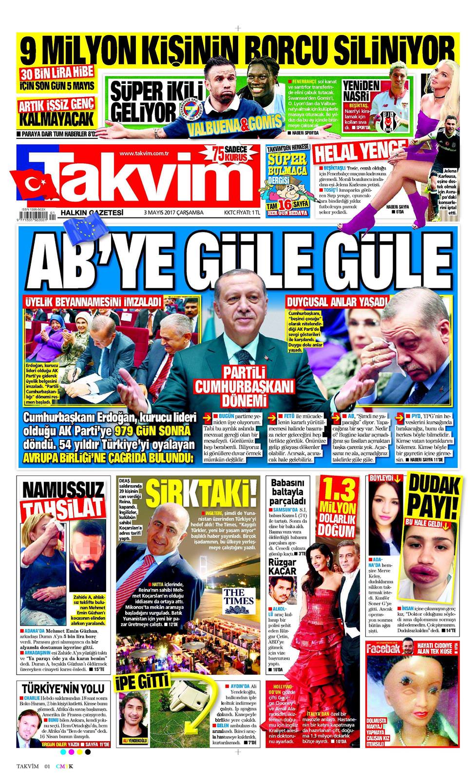 03 Mayıs 2017 Çarşamba - Takvim gazetesi manşet