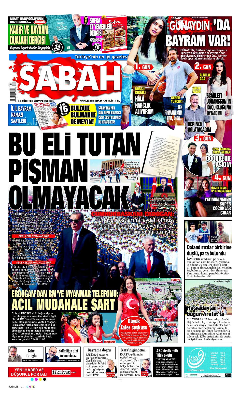 31 Ağustos 2017 Perşembe - Sabah gazetesi manşet