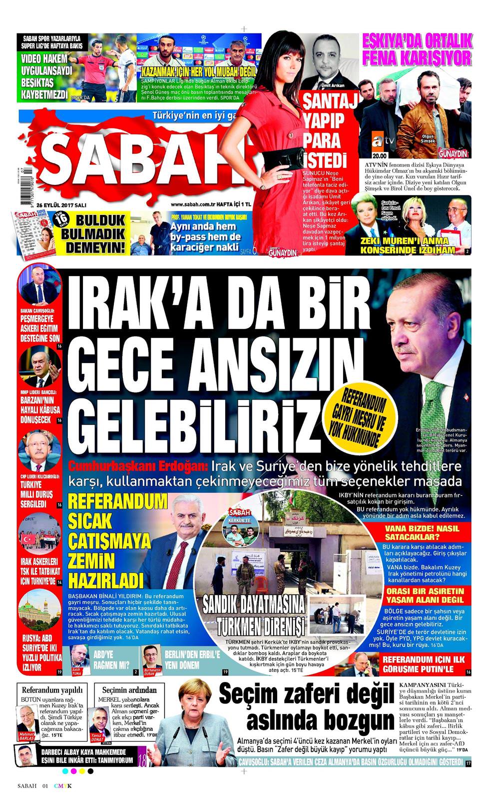 26 Eylül 2017 Salı - Sabah gazetesi manşet