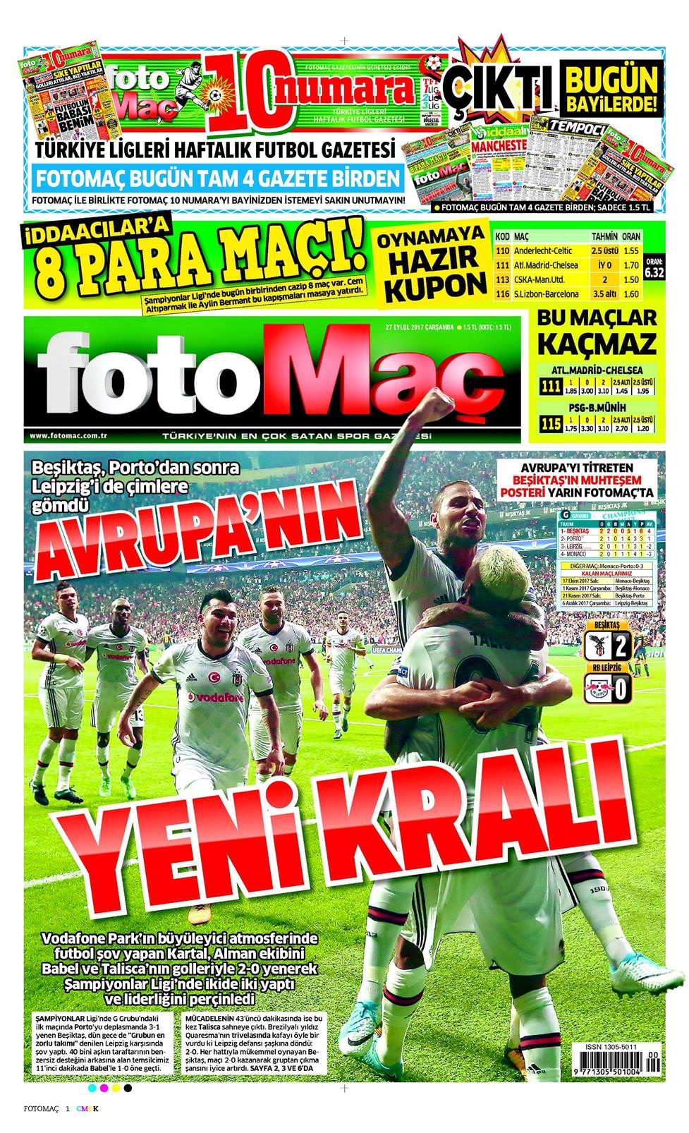 27 Eylül 2017 Çarşamba - Fotomaç gazetesi manşet