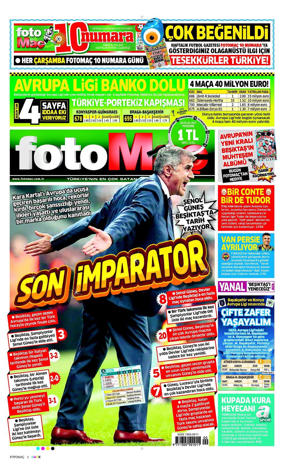 28 Eylül 2017 Perşembe - Fotomaç gazetesi manşet