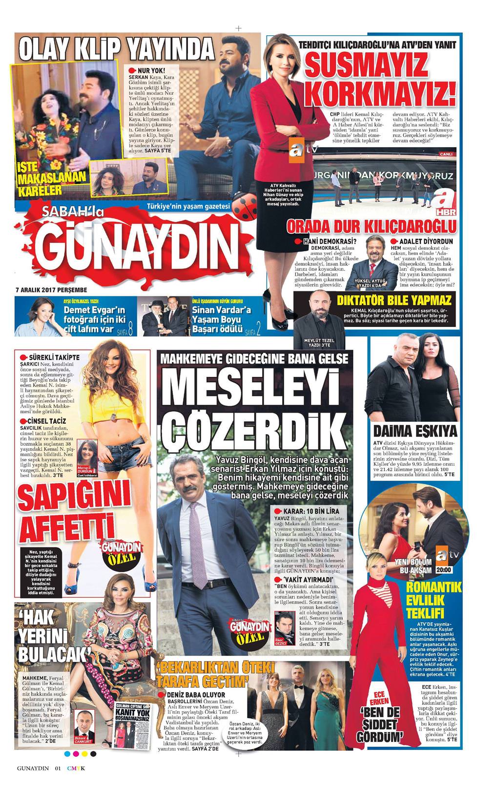 07 Aralık 2017 Perşembe - Sabah Günaydın gazetesi manşet