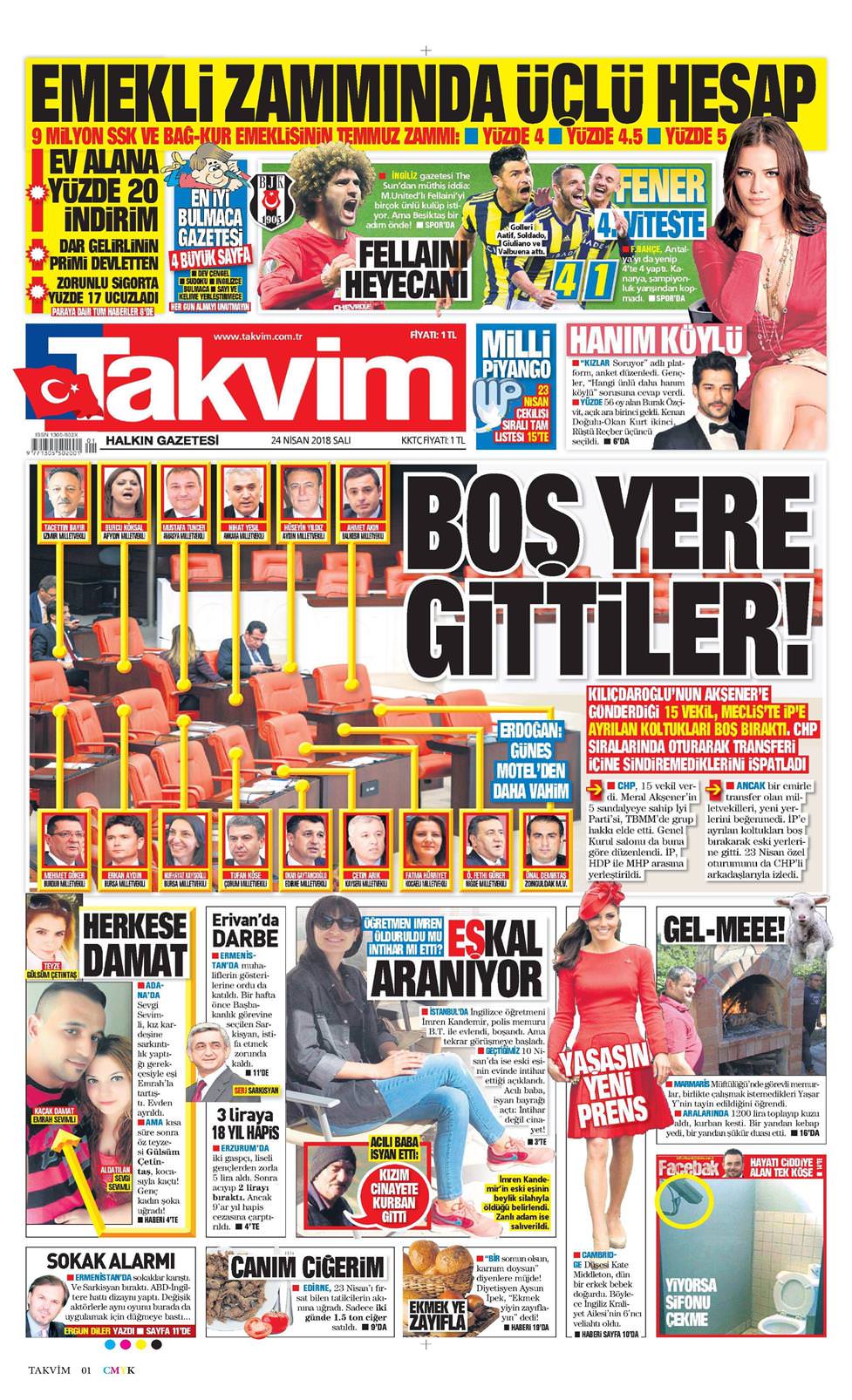 24 Nisan 2018 Salı - Takvim gazetesi manşet