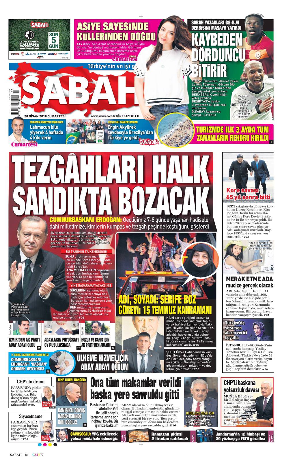 Sabah Gazetesi 28 Nisan 2018, Cumartesi Günü Manşeti