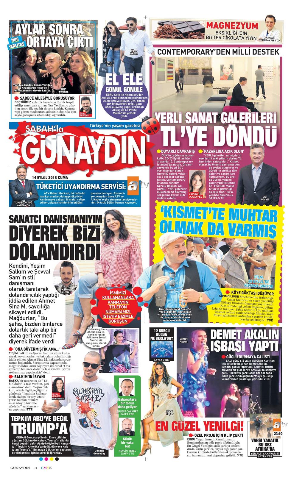 14 Eylül 2018 Cuma - Sabah Günaydın gazetesi manşet
