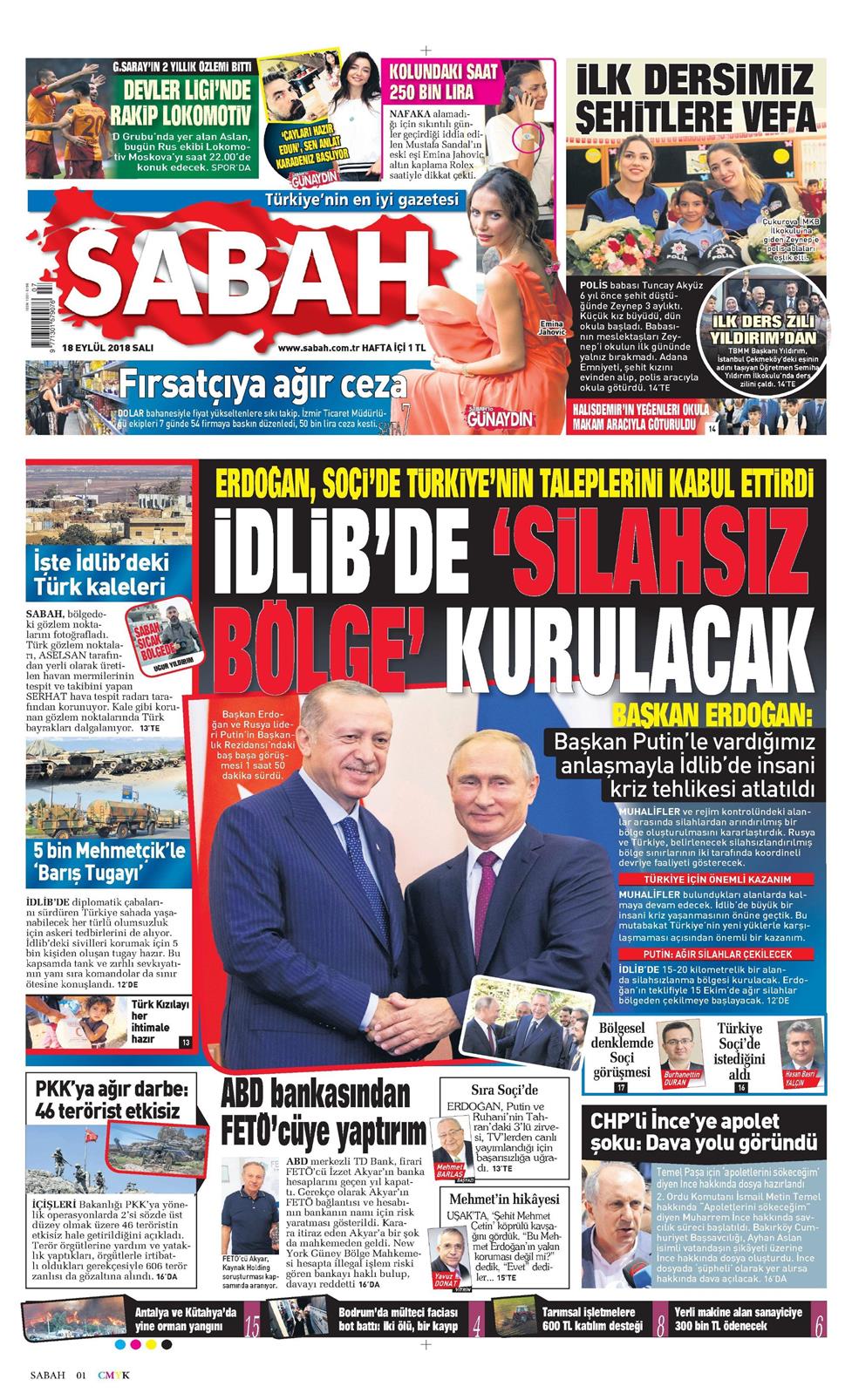 18 Eylül 2018 Salı - Sabah gazetesi manşet