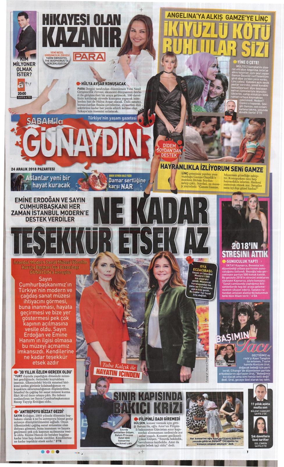 24 Aralık 2018 Pazartesi - Sabah Günaydın gazetesi manşet