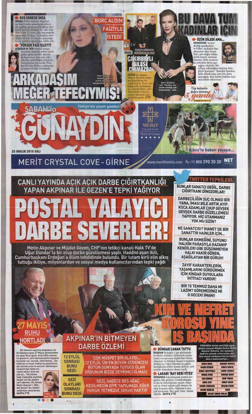 25 Aralık 2018 Salı - Sabah Günaydın gazetesi manşet