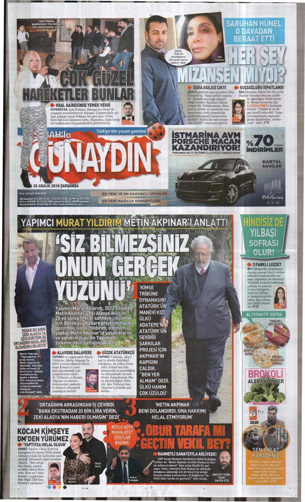 26 Aralık 2018 Çarşamba - Sabah Günaydın gazetesi manşet