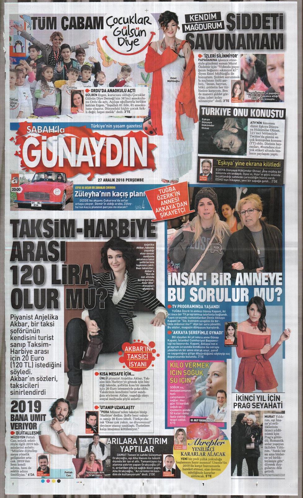 27 Aralık 2018 Perşembe - Sabah Günaydın gazetesi manşet