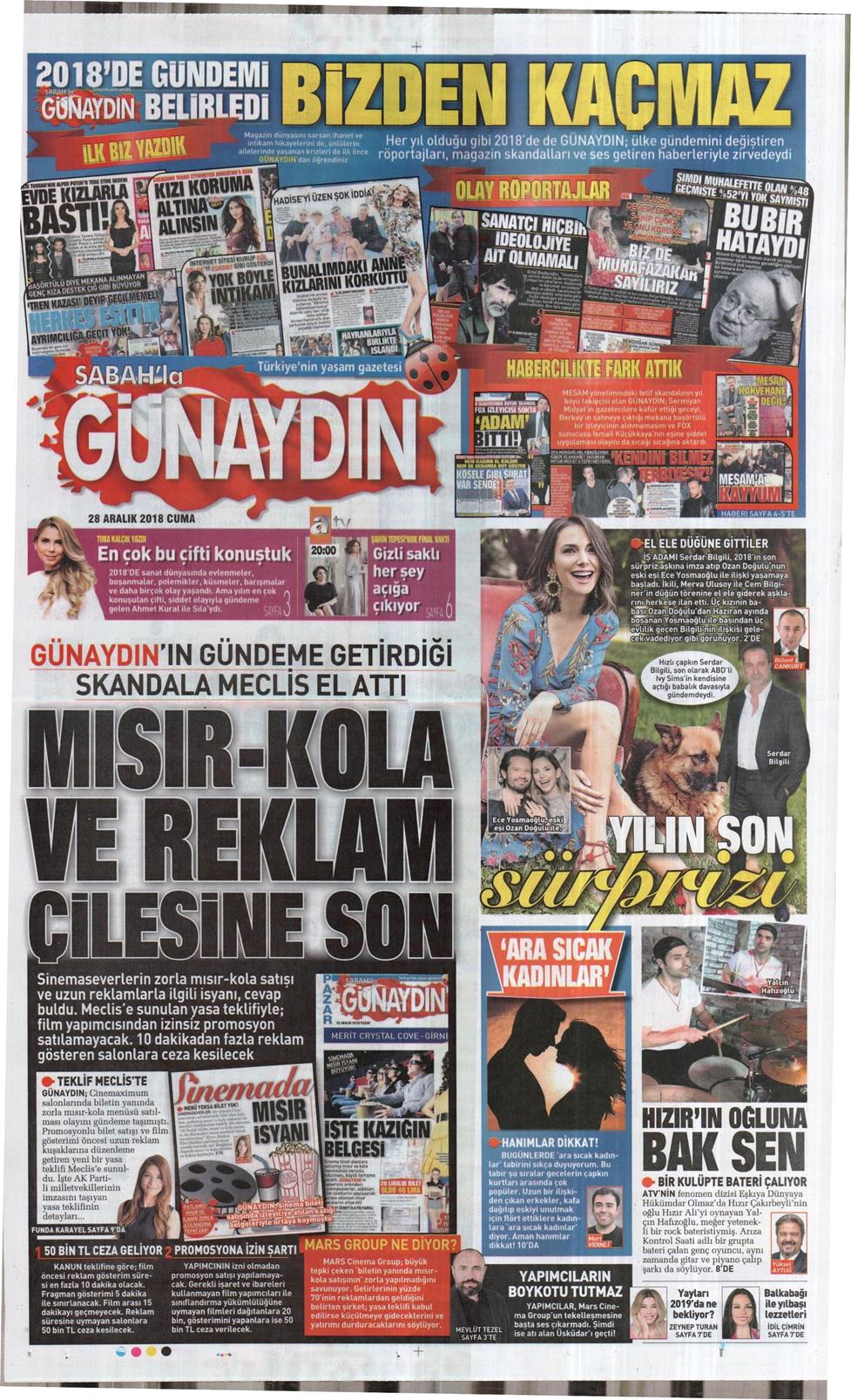28 Aralık 2018 Cuma - Sabah Günaydın gazetesi manşet
