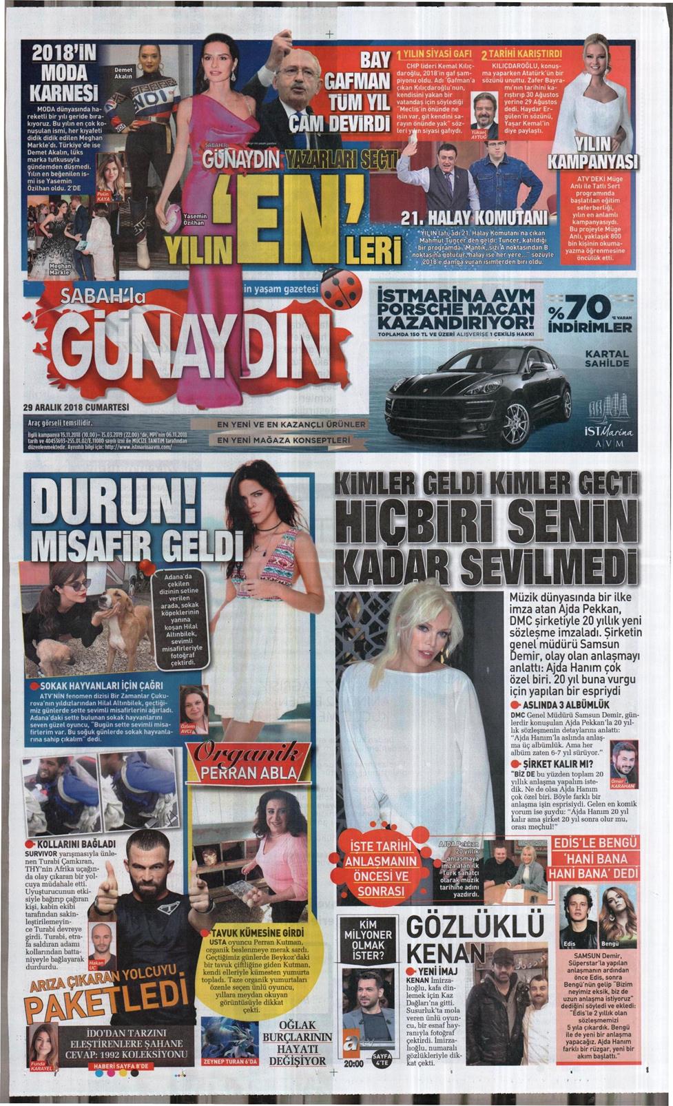 29 Aralık 2018 Cumartesi - Sabah Günaydın gazetesi manşet