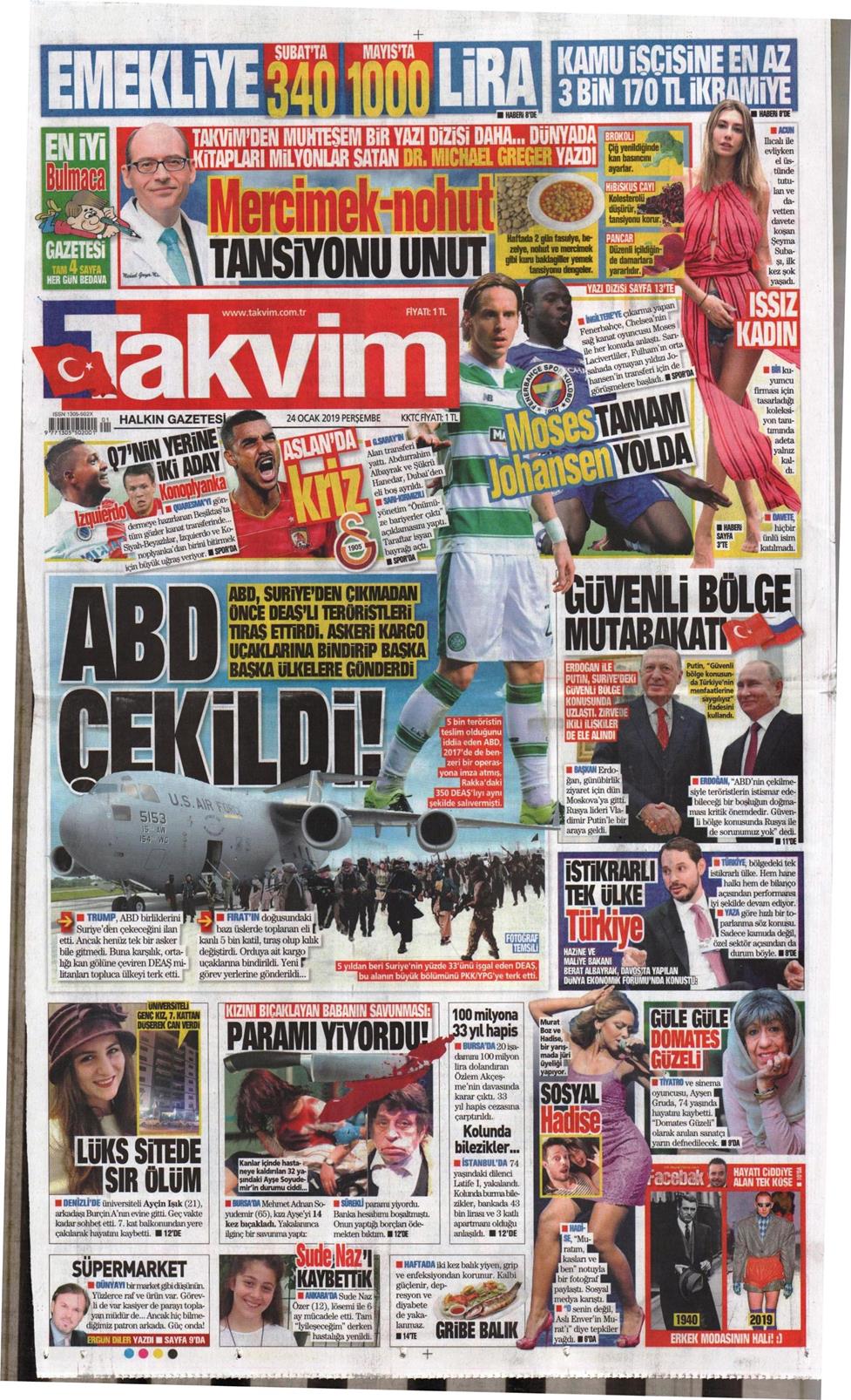 24 Ocak 2019 Perşembe - Takvim gazetesi manşet