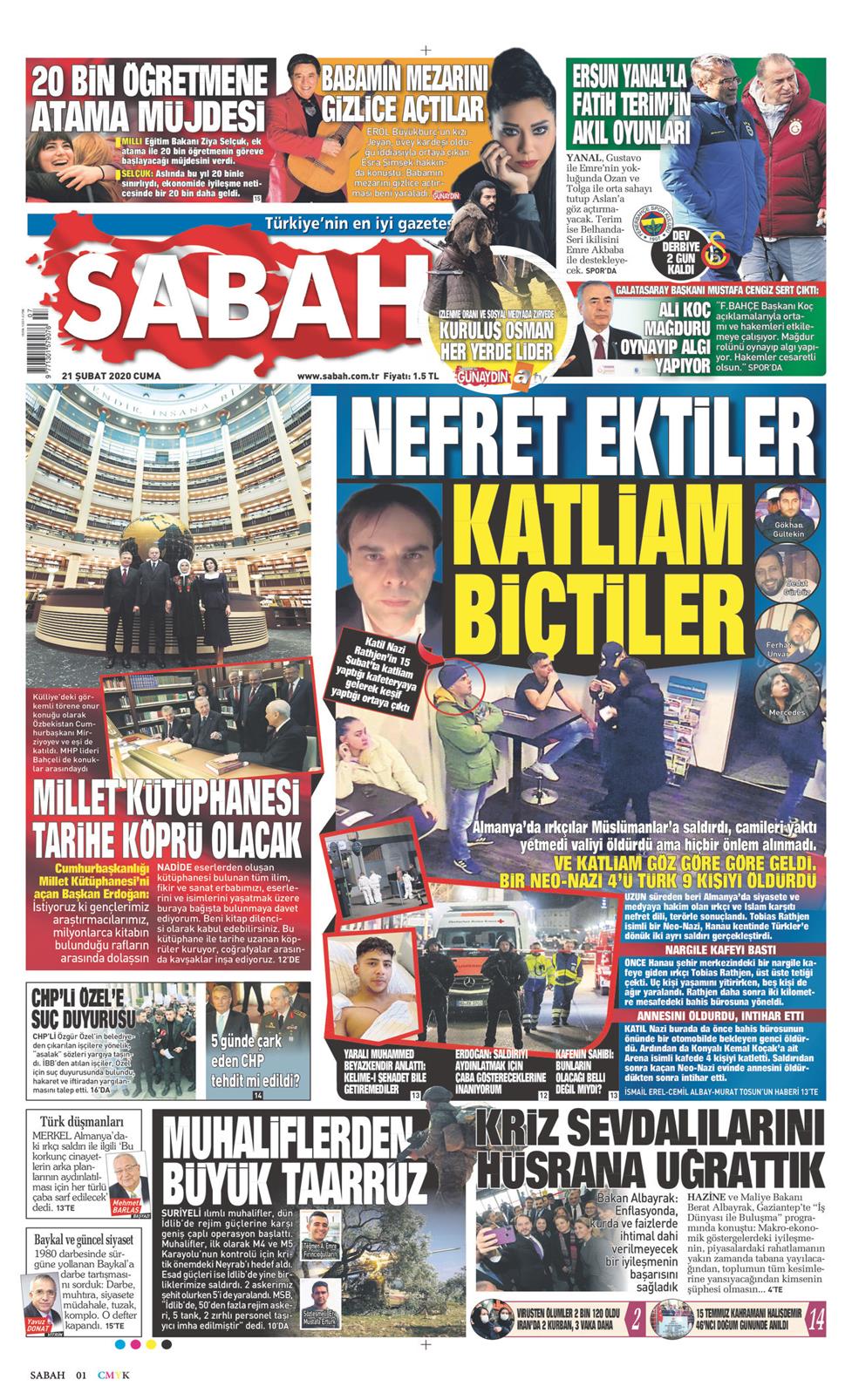 21 Şubat 2020 Cuma - Sabah gazetesi manşet