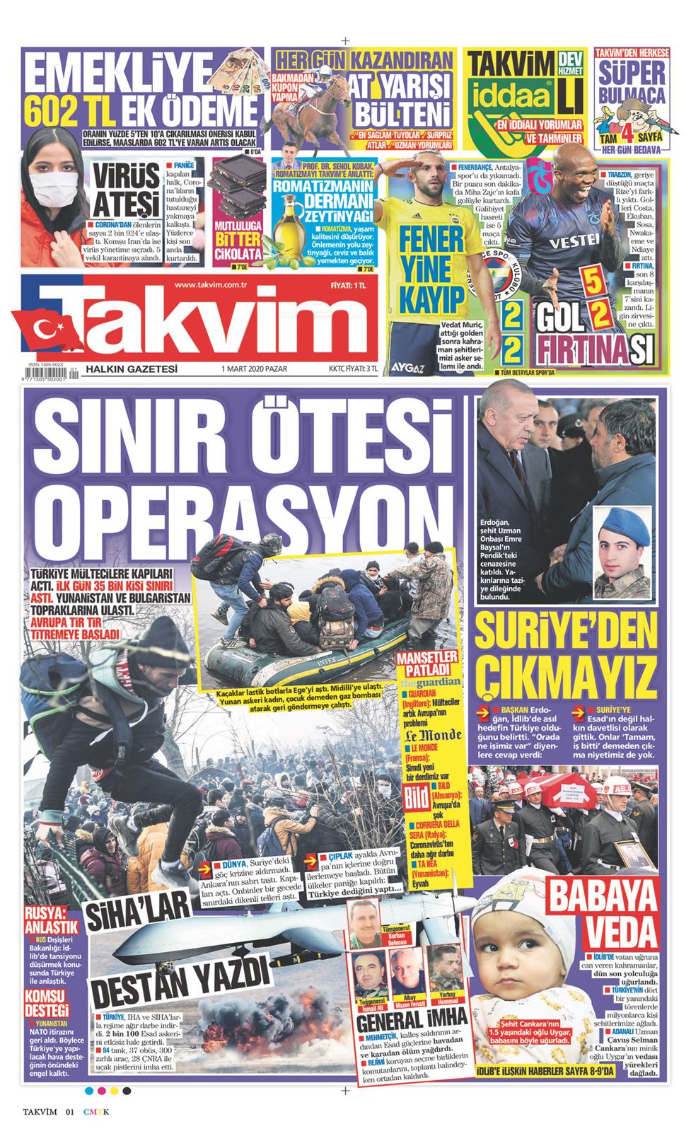 01 Mart 2021 Pazartesi Takvim gazetesi manşet