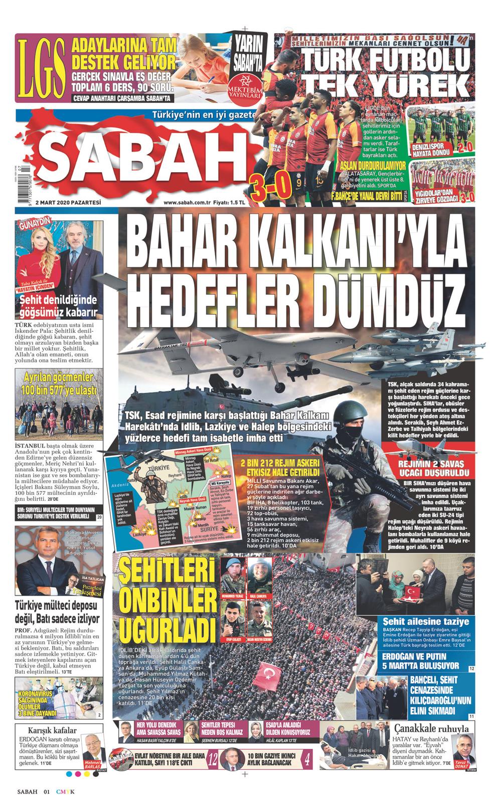 02 Mart 2020 Pazartesi - Sabah gazetesi manşet