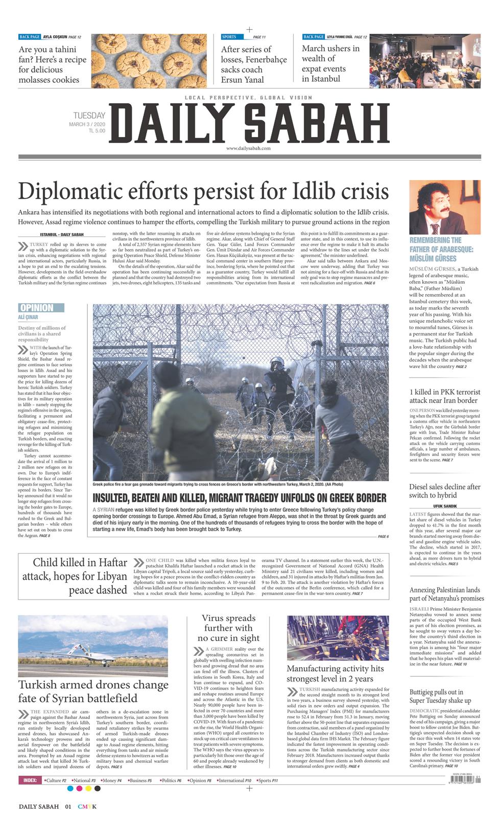 Daily Sabah Gazetesi 3 Mart 2020, Salı Günü Manşeti