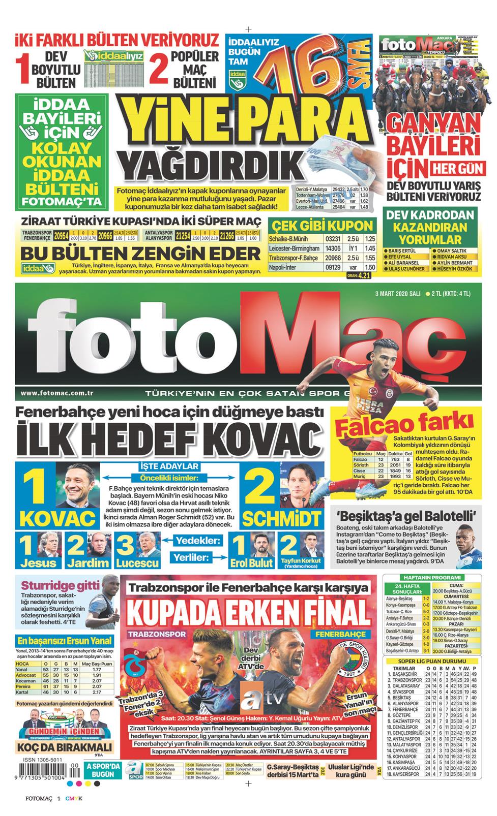 Fotomaç Gazetesi 3 Mart 2020, Salı Günü Manşeti