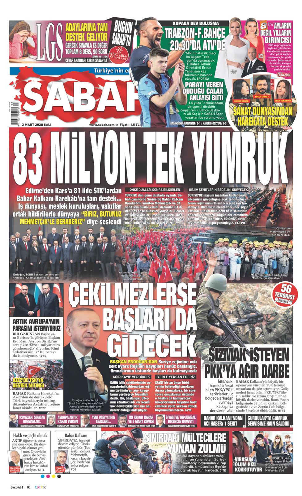 Sabah Gazetesi 3 Mart 2020, Salı Günü Manşeti