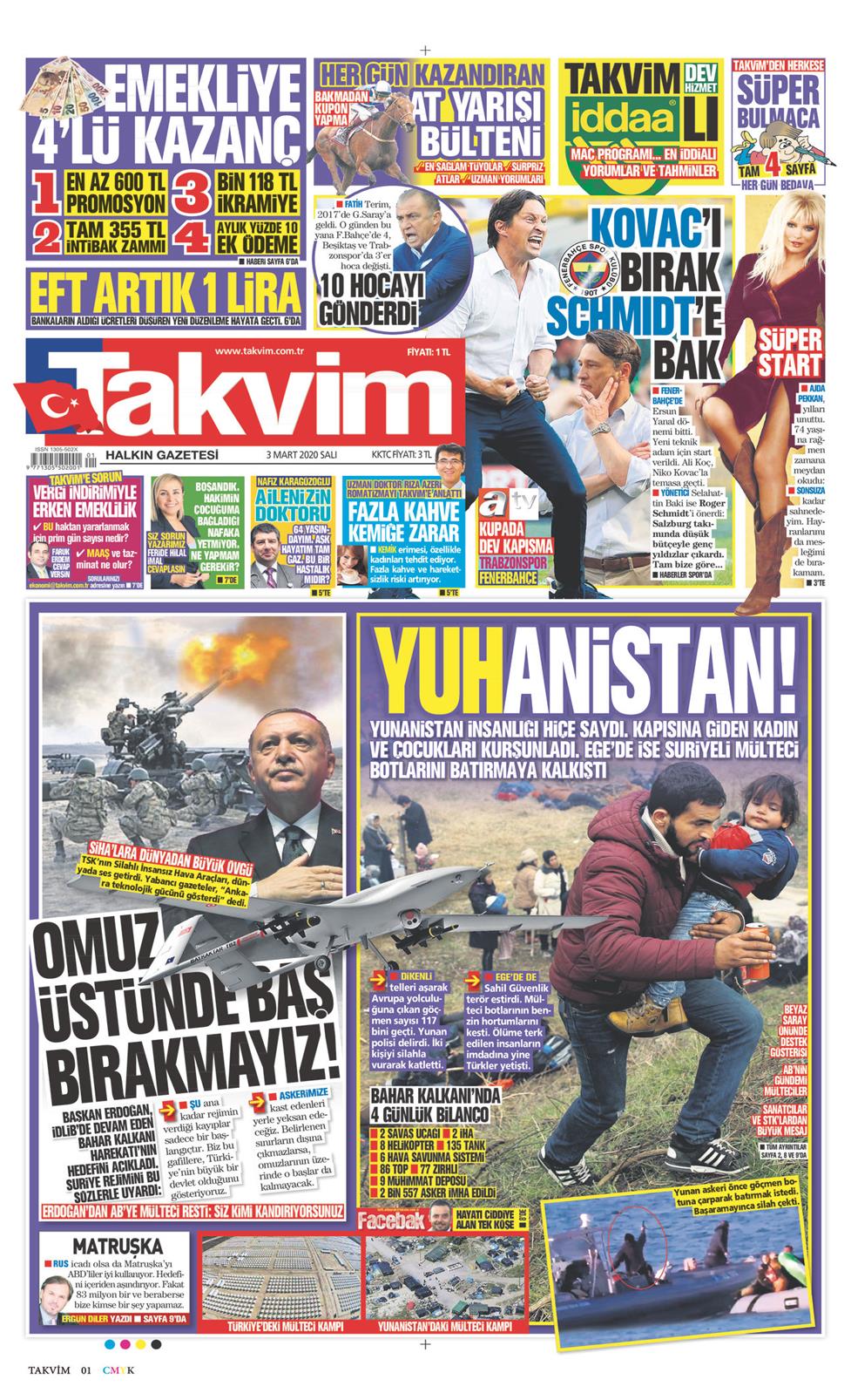 Takvim Gazetesi 3 Mart 2020, Salı Günü Manşeti