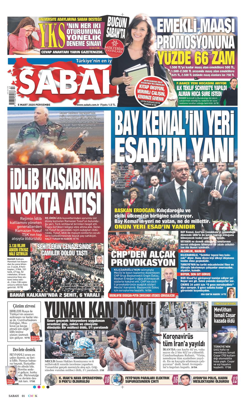 05 Mart 2020 Perşembe - Sabah gazetesi manşet