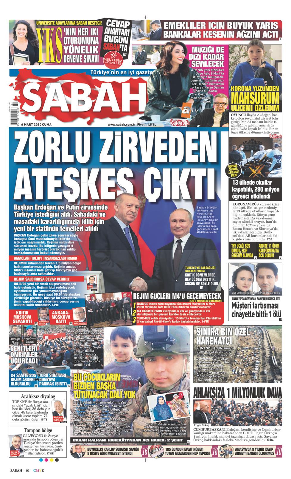 06 Mart 2020 Cuma - Sabah gazetesi manşet