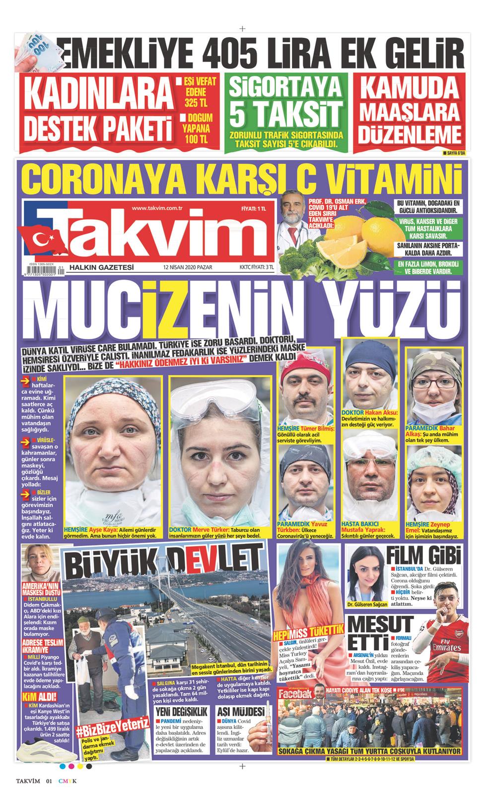 12 Nisan 2020 Pazar - Takvim gazetesi manşet