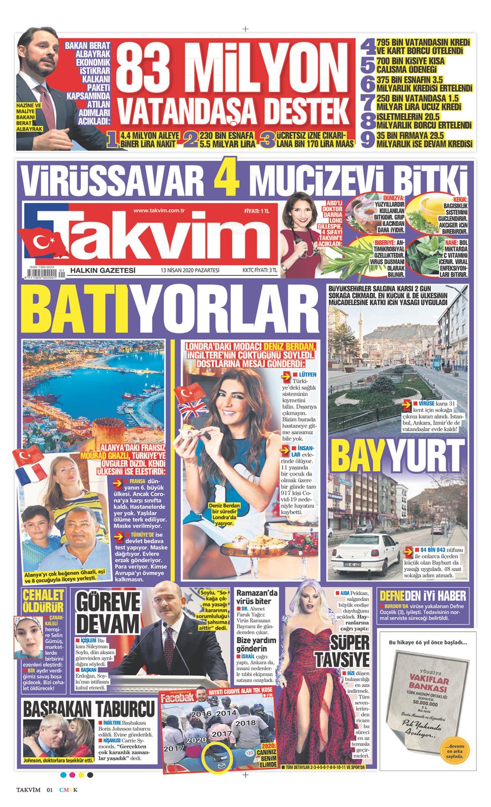 13 Nisan 2020 Pazartesi - Takvim gazetesi manşet
