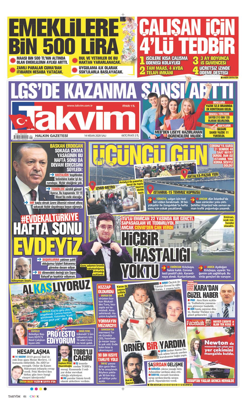 14 Nisan 2020 Salı - Takvim gazetesi manşet