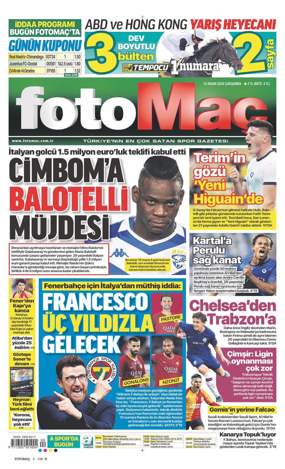 15 Nisan 2020 Çarşamba - Fotomaç gazetesi manşet