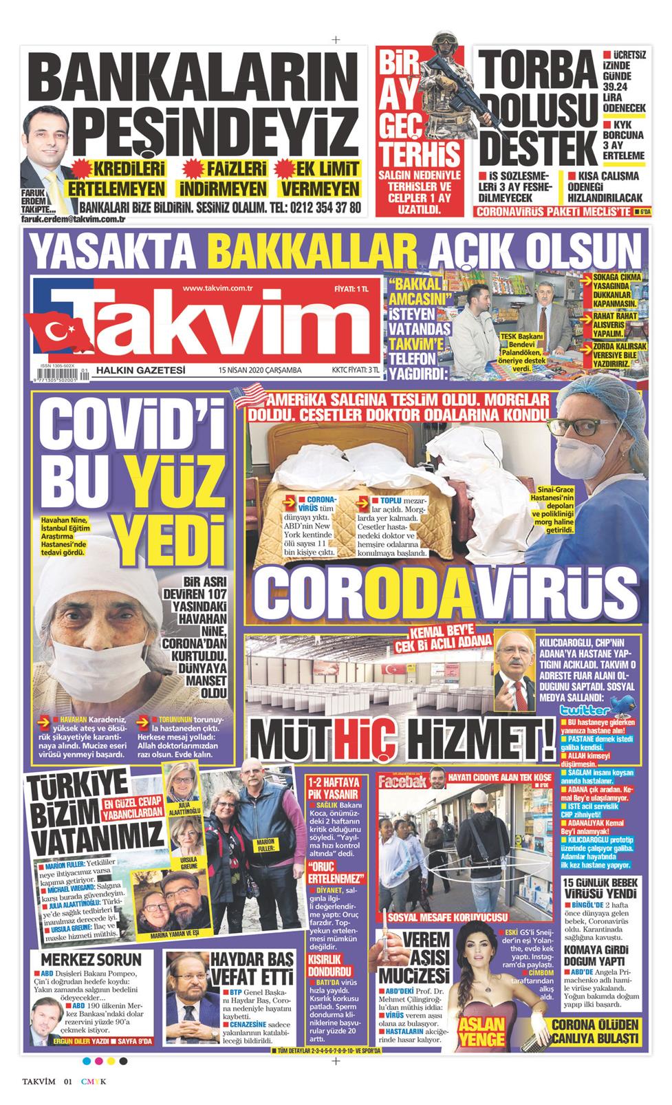 15 Nisan 2020 Çarşamba - Takvim gazetesi manşet