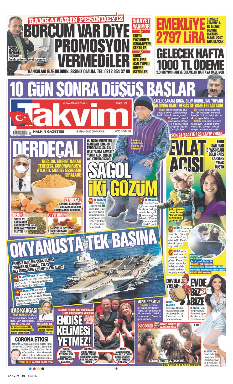 18 Nisan 2020 Cumartesi - Takvim gazetesi manşet
