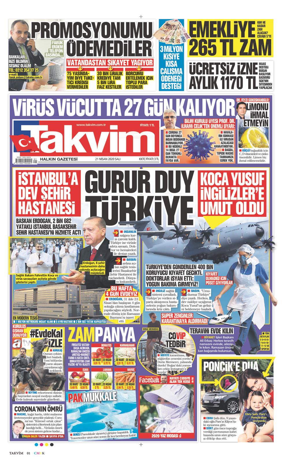 21 Nisan 2020 Salı - Takvim gazetesi manşet