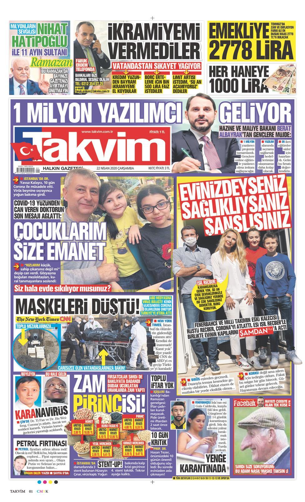22 Nisan 2020 Çarşamba - Takvim gazetesi manşet