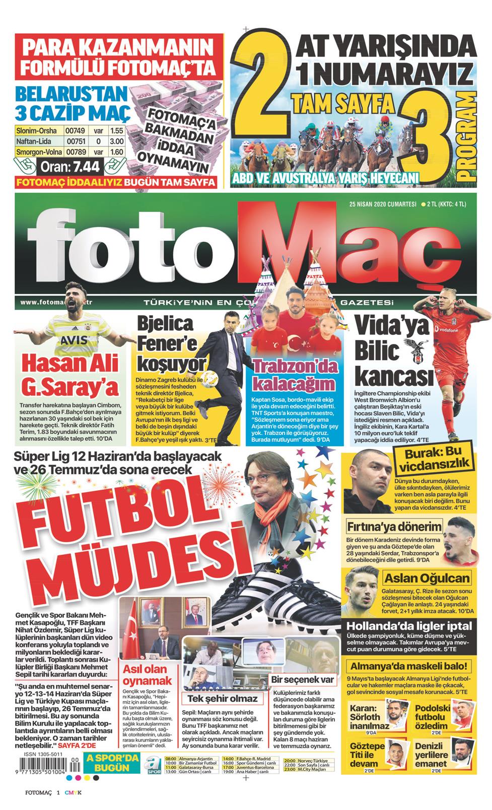 25 Nisan 2020 Cumartesi - Fotomaç gazetesi manşet