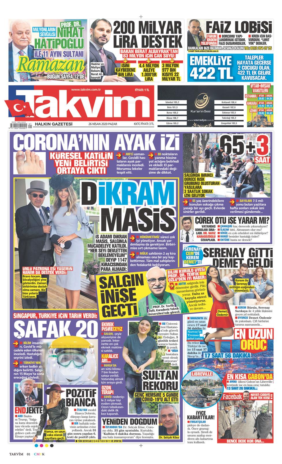 26 Nisan 2020 Pazar - Takvim gazetesi manşet