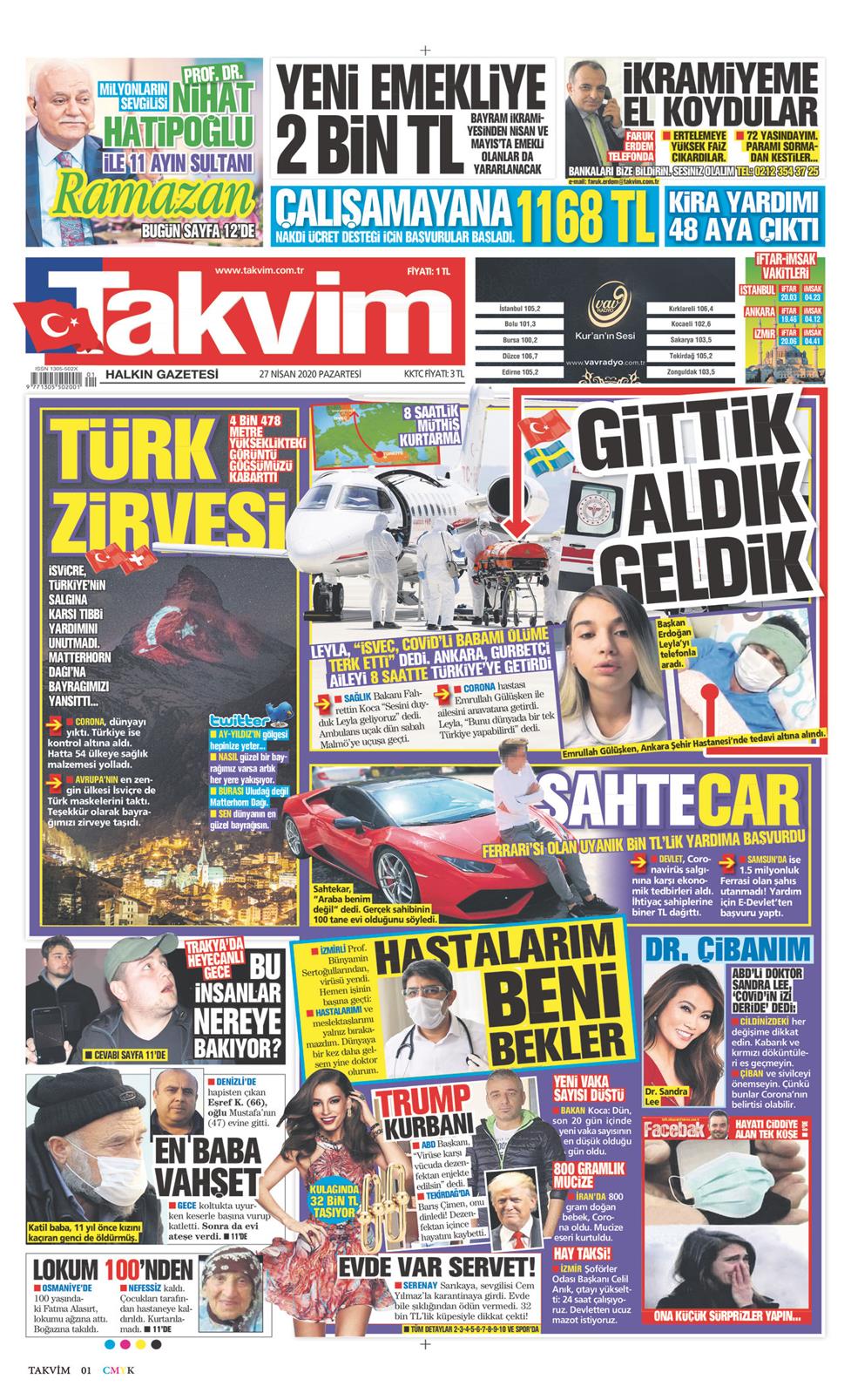 27 Nisan 2020 Pazartesi - Takvim gazetesi manşet