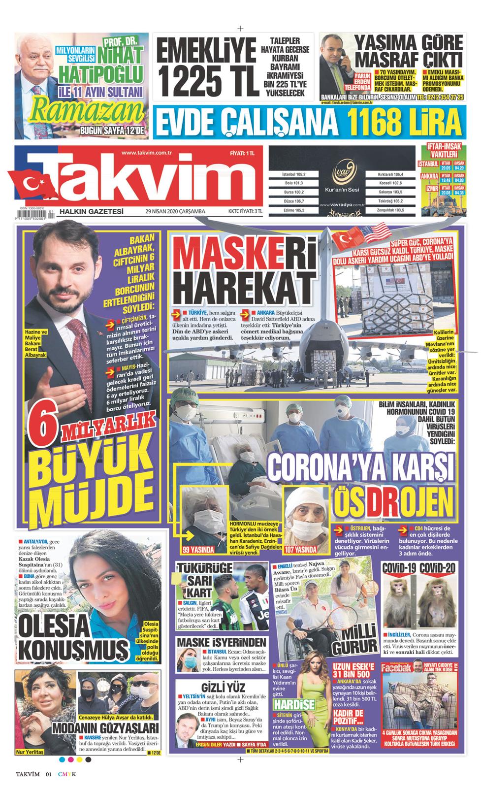 29 Nisan 2020 Çarşamba - Takvim gazetesi manşet