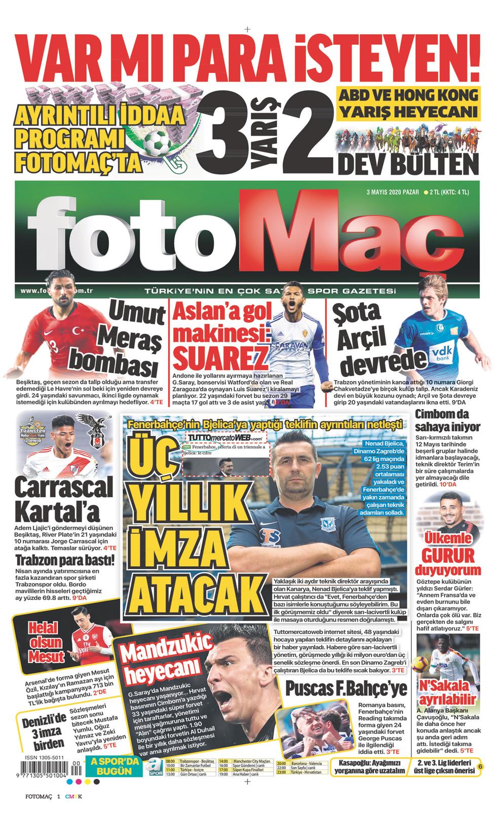 03 Mayıs 2020 Pazar - Fotomaç gazetesi manşet