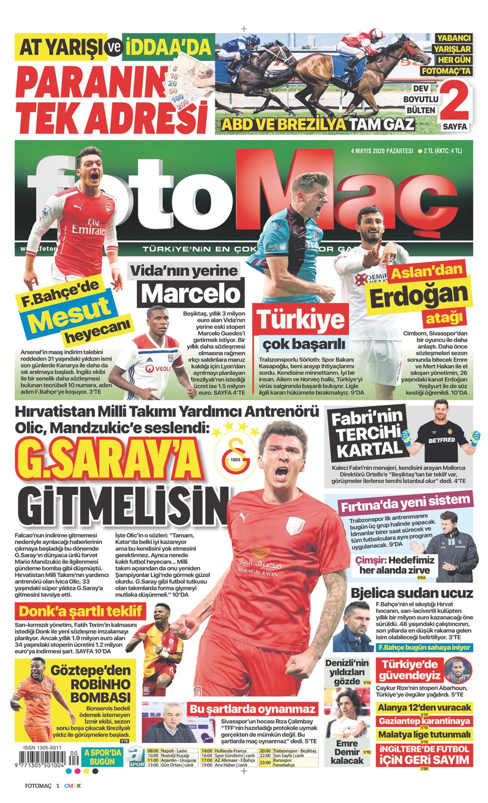 04 Mayıs 2020 Pazartesi - Fotomaç gazetesi manşet