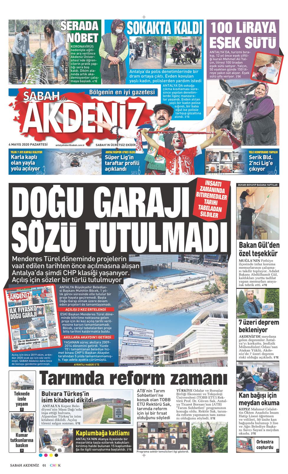 04 Mayıs 2020 Pazartesi - Sabah Akdeniz gazetesi manşet