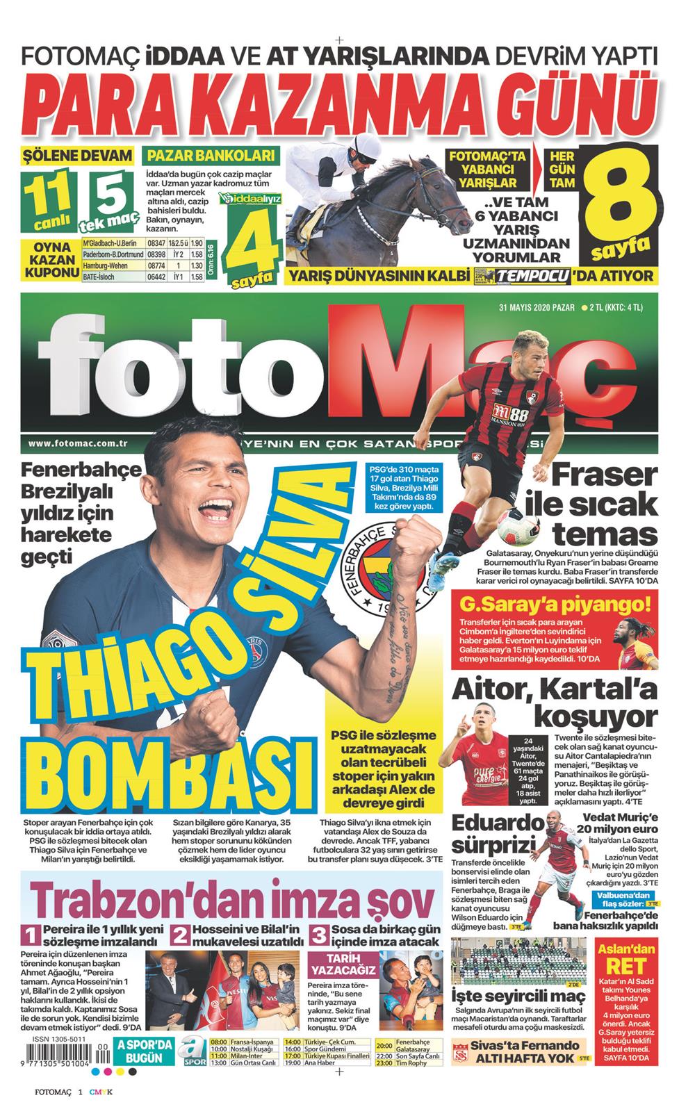 31 Mayıs 2020 Pazar - Fotomaç gazetesi manşet