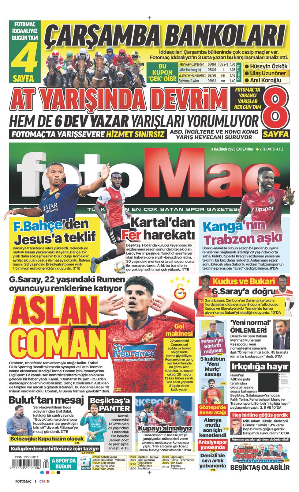 03 Haziran 2020 Çarşamba - Fotomaç gazetesi manşet