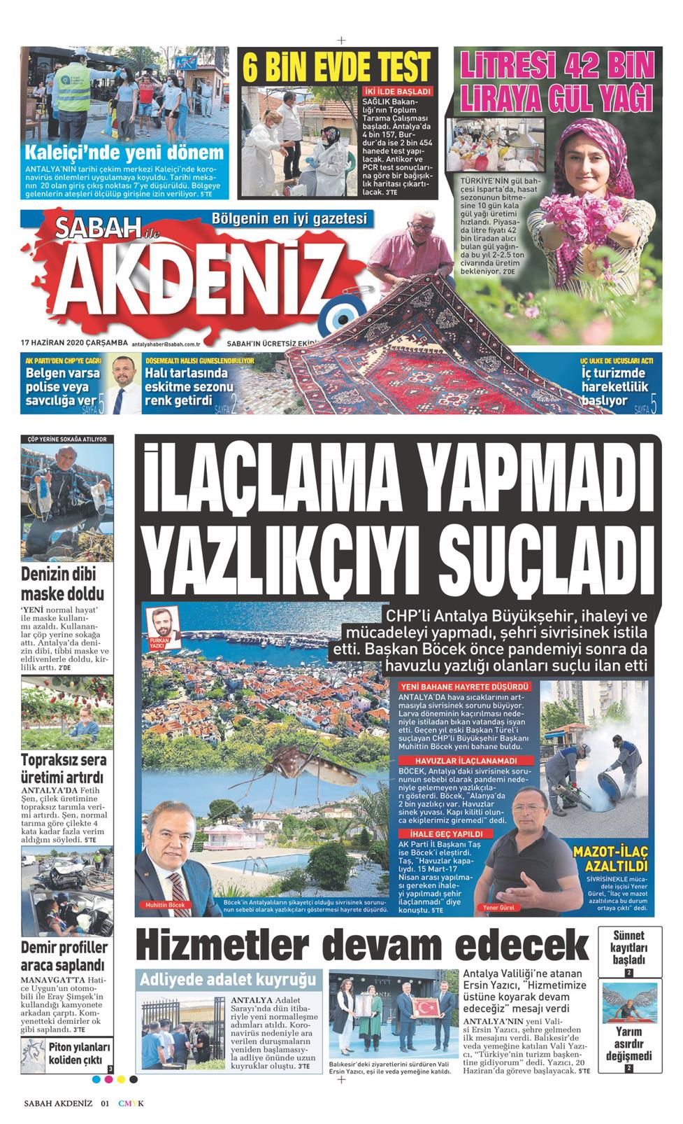 17 Haziran 2020 Çarşamba - Sabah Akdeniz gazetesi manşet