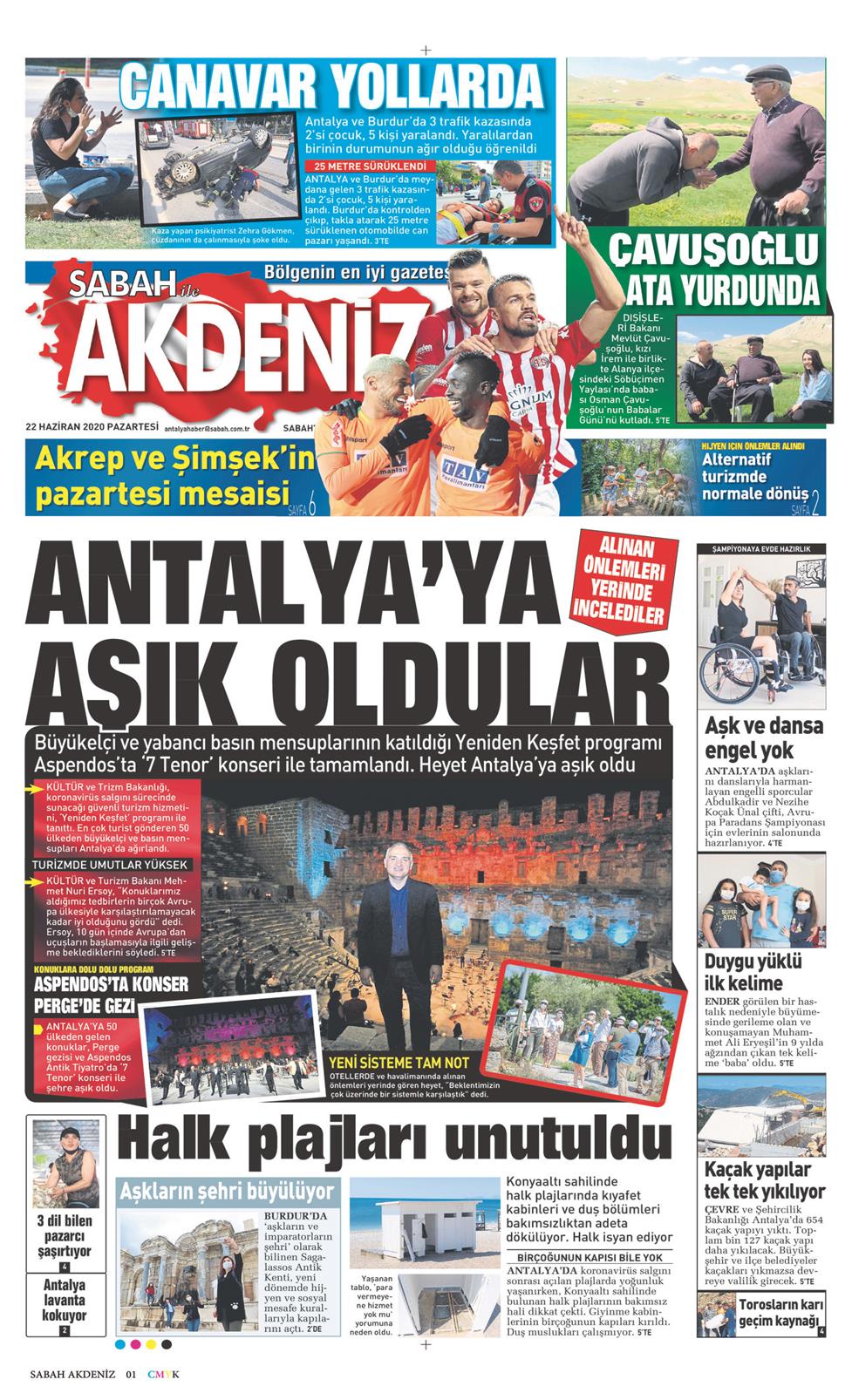 22 Haziran 2020 Pazartesi - Sabah Akdeniz gazetesi manşet
