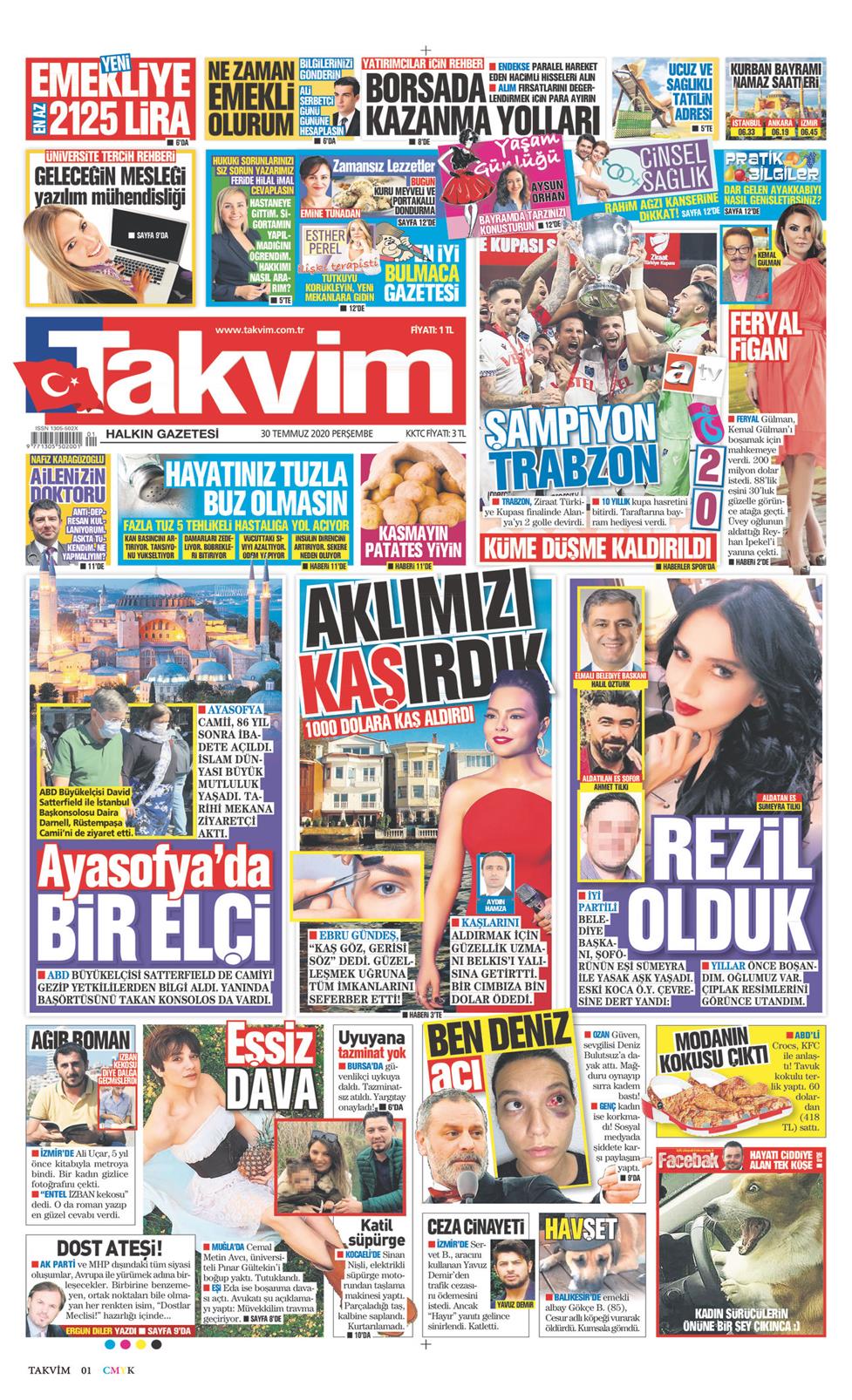 30 Temmuz 2020 Perşembe - Takvim gazetesi manşet
