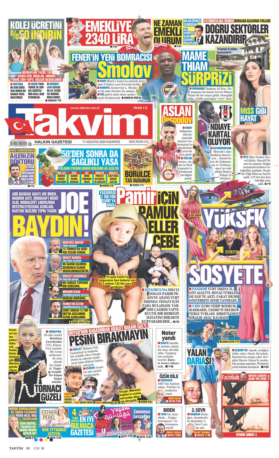 17 Ağustos 2020 Pazartesi - Takvim gazetesi manşet